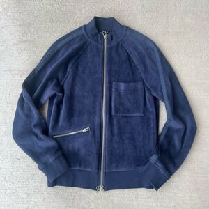ATM Men's‎ Velour Bomber Jacket Size Small Navy Blue Zip-Up Pockets